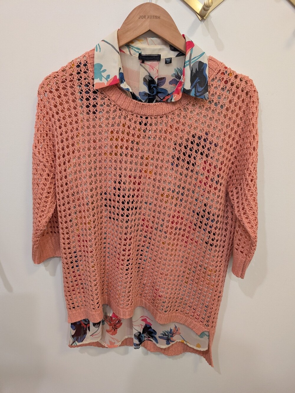 Peach Open-Knit Layered Sweater Top with Sheer Floral Blouse